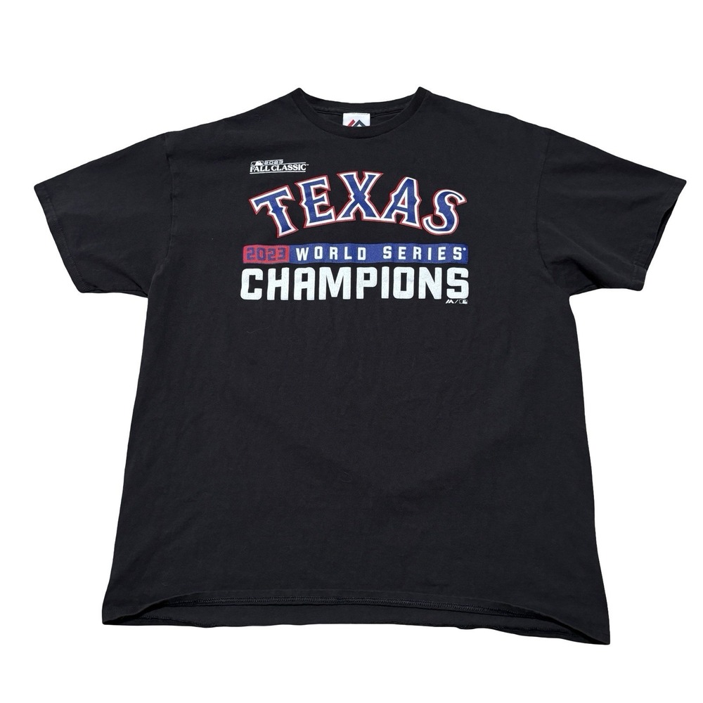 Majestic Texas Rangers MLB 2023 World Champs‎ T Shirt Black Size Large 22 x 28